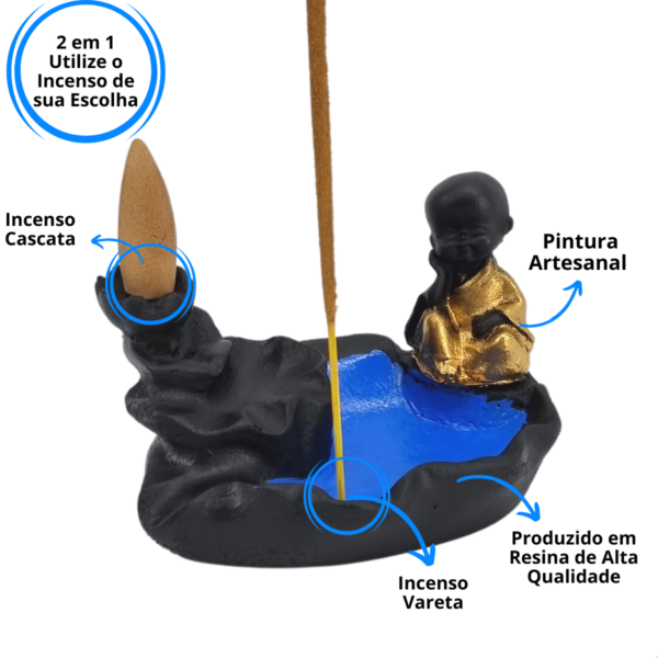 Incensário Cascata Folha com Monge Mini - Preto