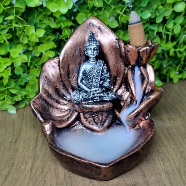 Incensário Cascata Flor Aberta Buda Hindu - Bronze Prata