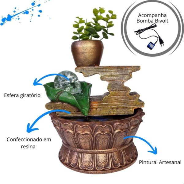 Fonte Tronco folha verde com Vaso e Esfera - Marrom