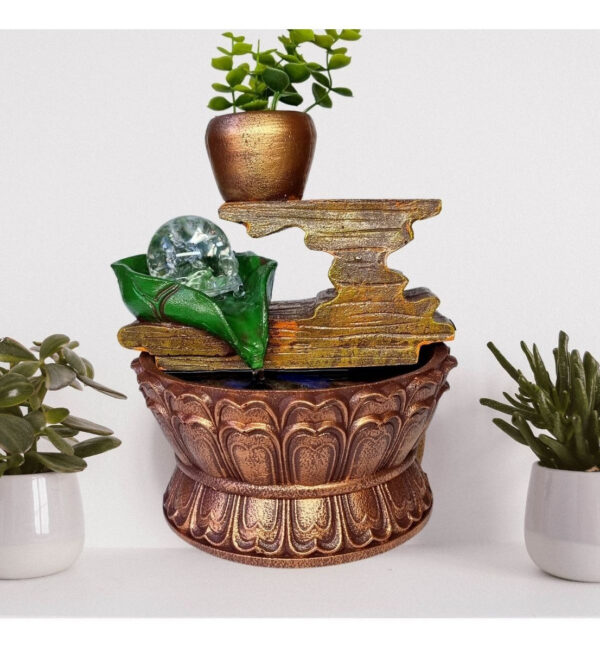 Fonte Tronco folha verde com Vaso e Esfera - Marrom
