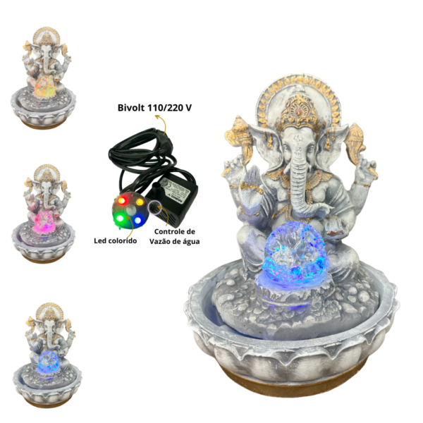 Fonte Ganesha com Esfera de Vidro CINZA