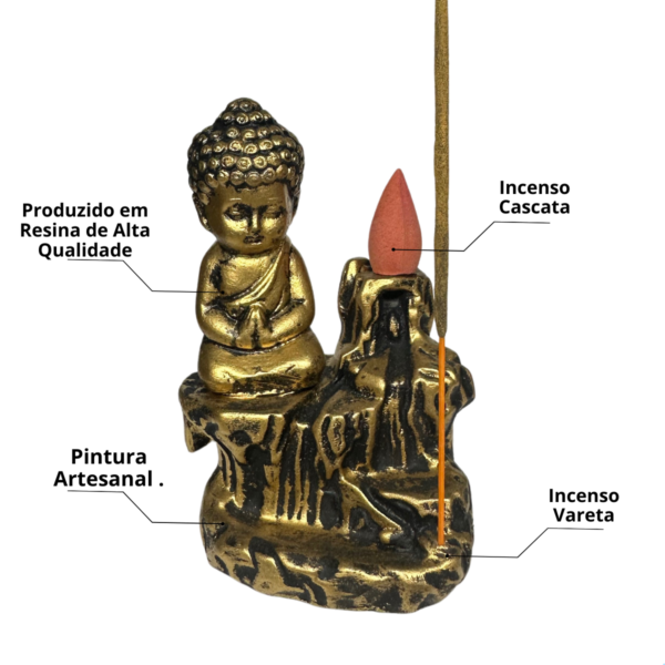 Incensario Cascata Tronco Buda Orando - Ouro