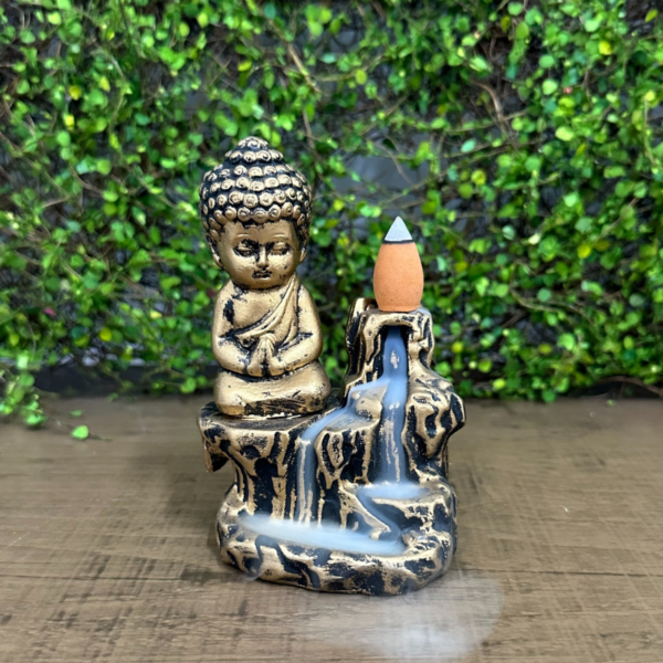 Incensario Cascata Tronco Buda Orando - Ouro