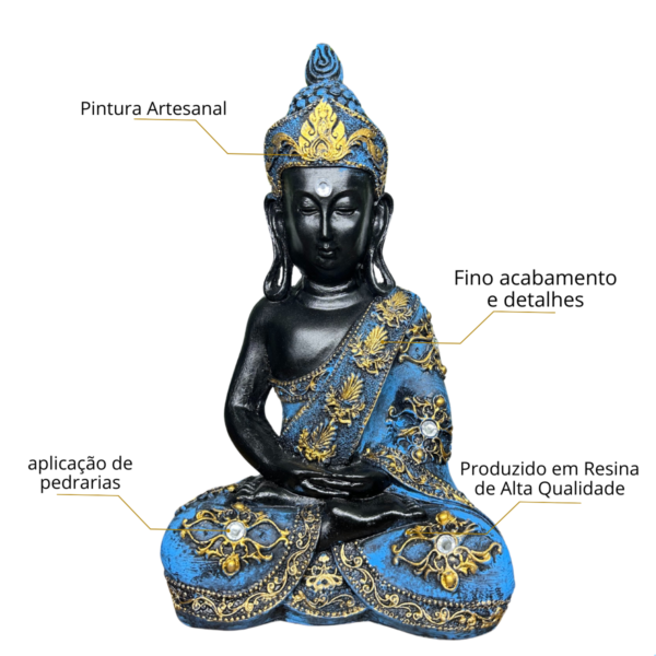 Estatueta Buda Hindu Preto e Azul com Pedraria