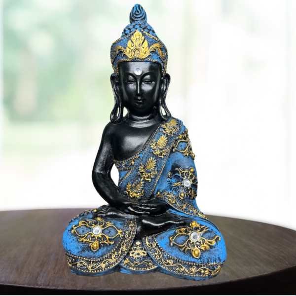Estatueta Buda Hindu Preto e Azul com Pedraria