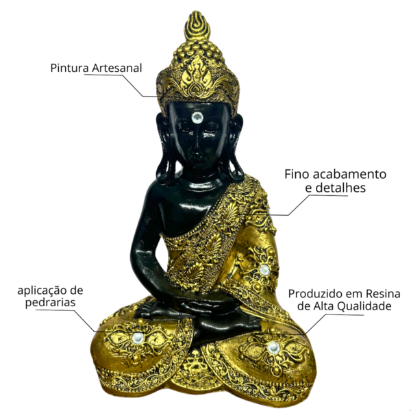 Estatueta Buda Hindu Preto e Ouro com Pedraria