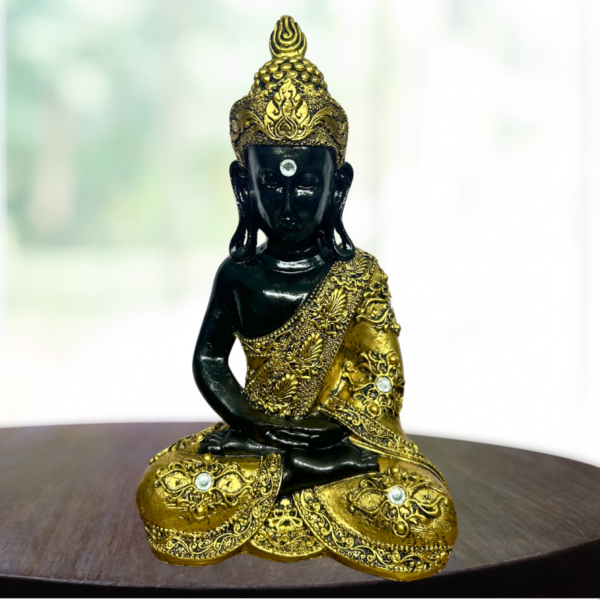 Estatueta Buda Hindu Preto e Ouro com Pedraria