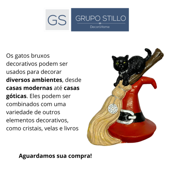 Estatueta Gato Bruxo na Vassoura Chapéu Vermelho