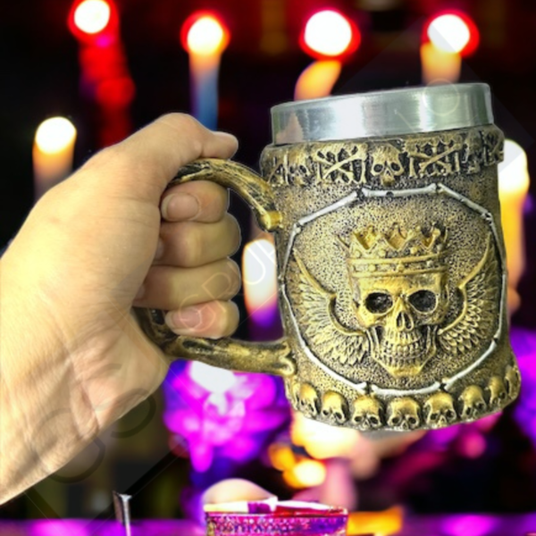 Caneca Chopp Cerveja Caveira Coroa 300 ML ouro