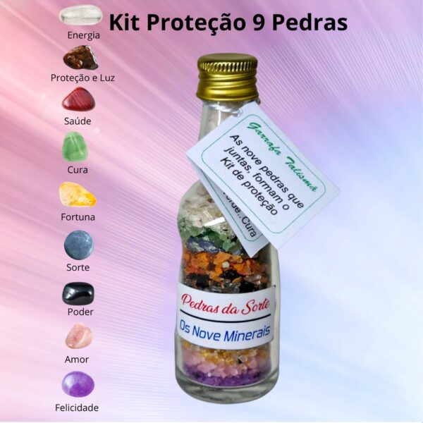 Garrafa Talismã Kit Pedras da Proteção Sorte 9 Mineirais