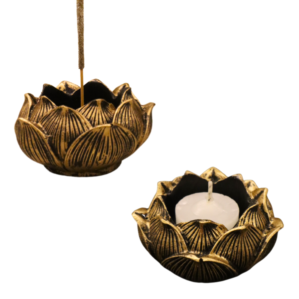 Castiçal e Incensário Vareta Flor de Lotus Modelo 03 - Ouro
