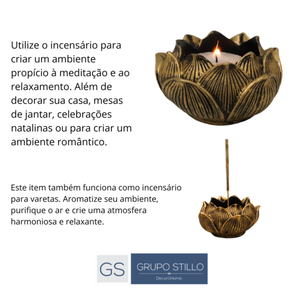 Castiçal e Incensário Vareta Flor de Lotus Modelo 03 - Ouro
