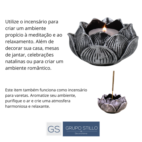 Castiçal e Incensário Vareta Flor de Lotus Modelo 03 - Prata