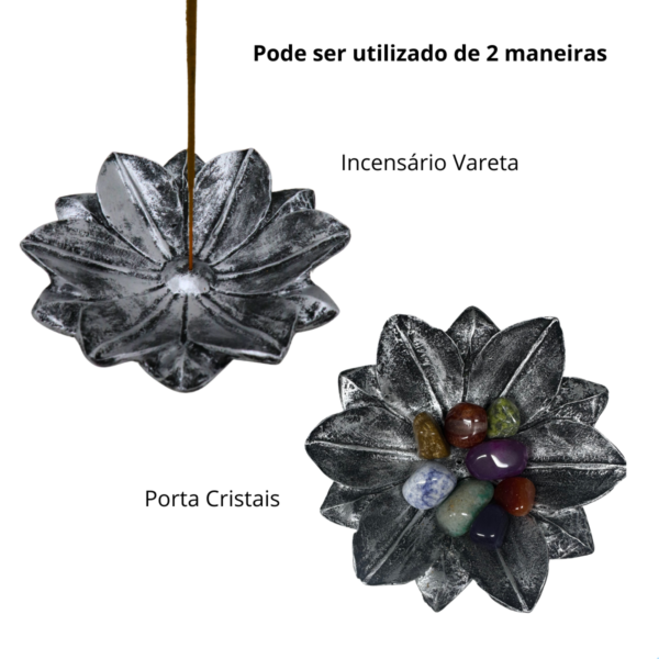Incensário Vareta e Porta Cristal Flor de Lotus - Prata
