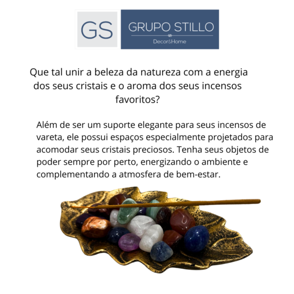 Incensário Vareta Folha Horizontal e Porta Cristal - Dourado