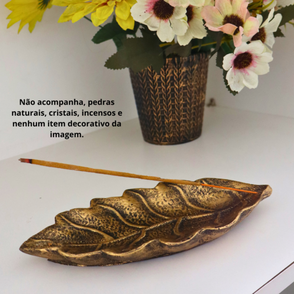 Incensário Vareta Folha Horizontal e Porta Cristal - Dourado