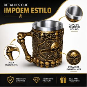 Caneca Caveira Alça De Osso – 300 ML – Ouro